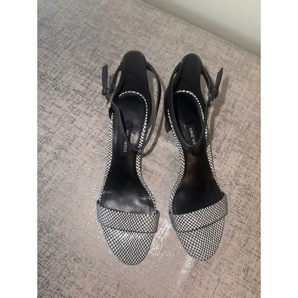 Nine West Black White Slingback Heels Open Toe Patterned Pumps